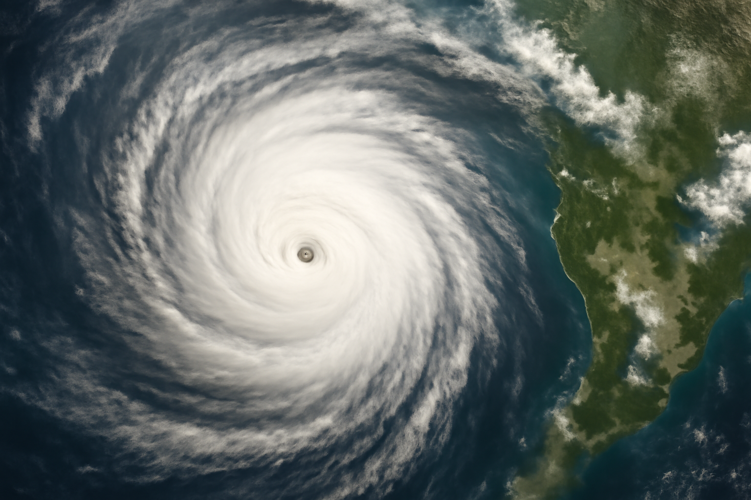 Satellite view of a hurricane with a defined eye over open water near a coastline