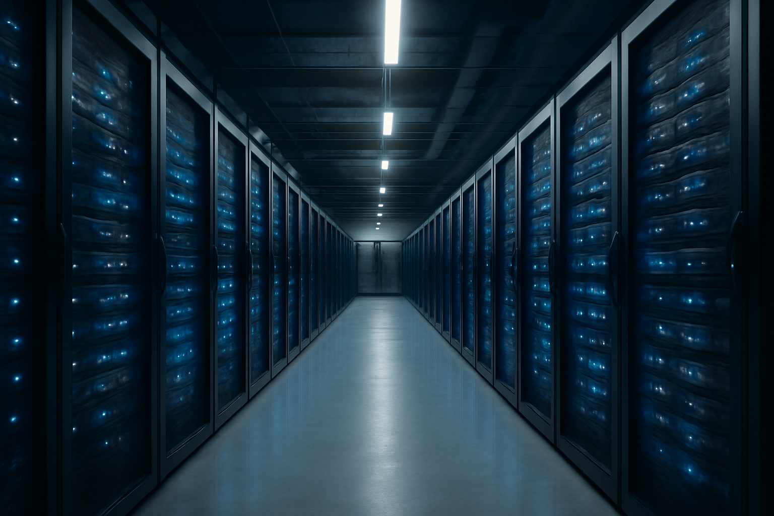 Rows of server racks glowing with blue indicator lights inside a data center