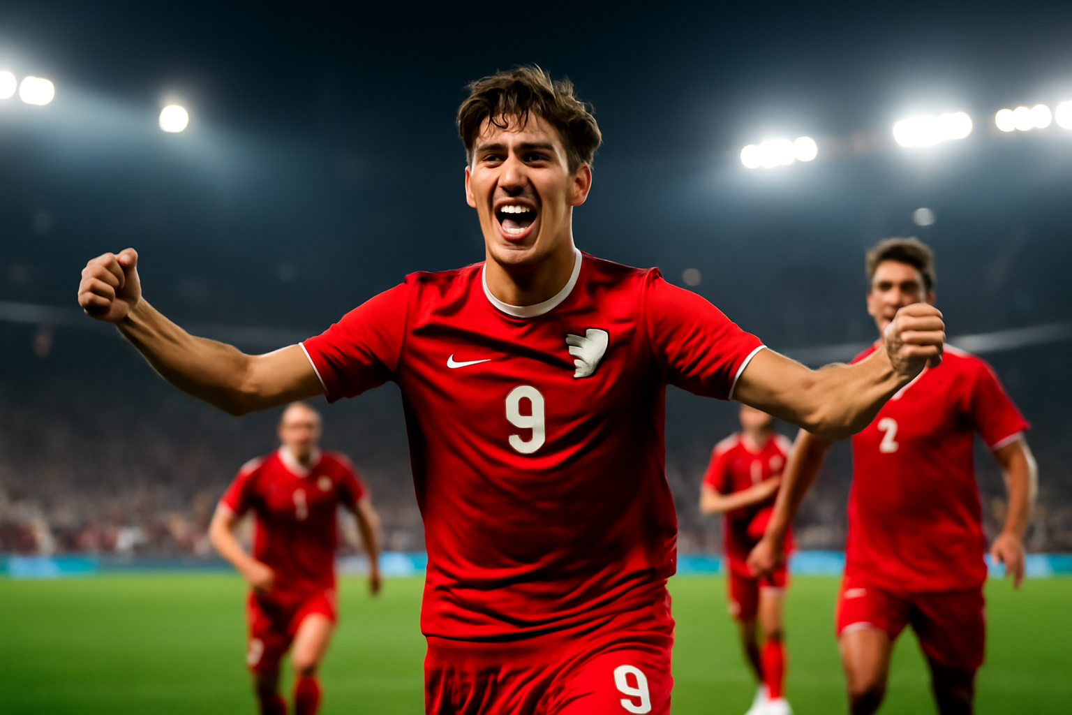 Spain forward celebrating a goal on the pitch during a Nations League match in Seville