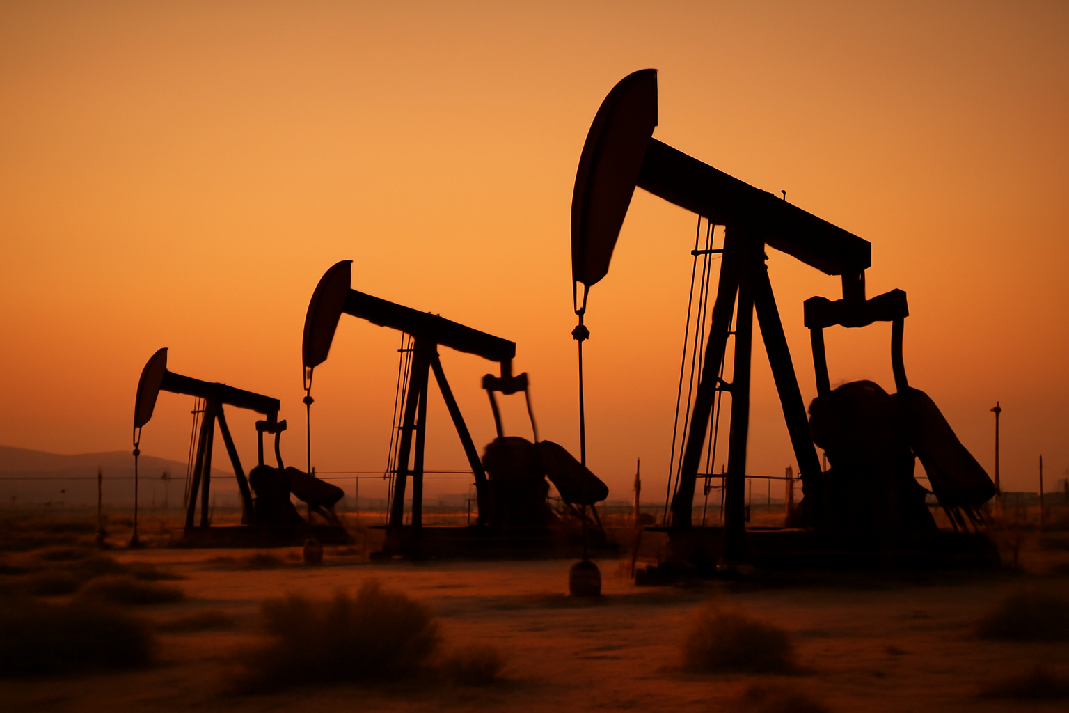 Oil pumpjacks operating at dusk under a wide sky
