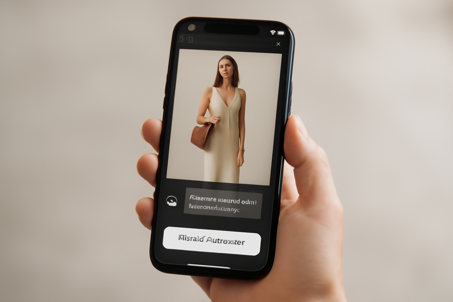 Smartphone screen showing a social media shopping feed with an AI chat assistant overlay and a checkout button