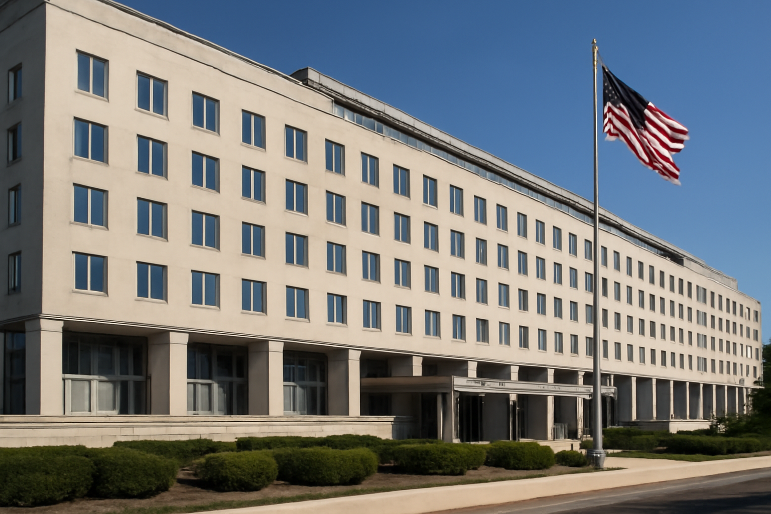 Exterior of the U.S. State Department building in Washington under a clear sky