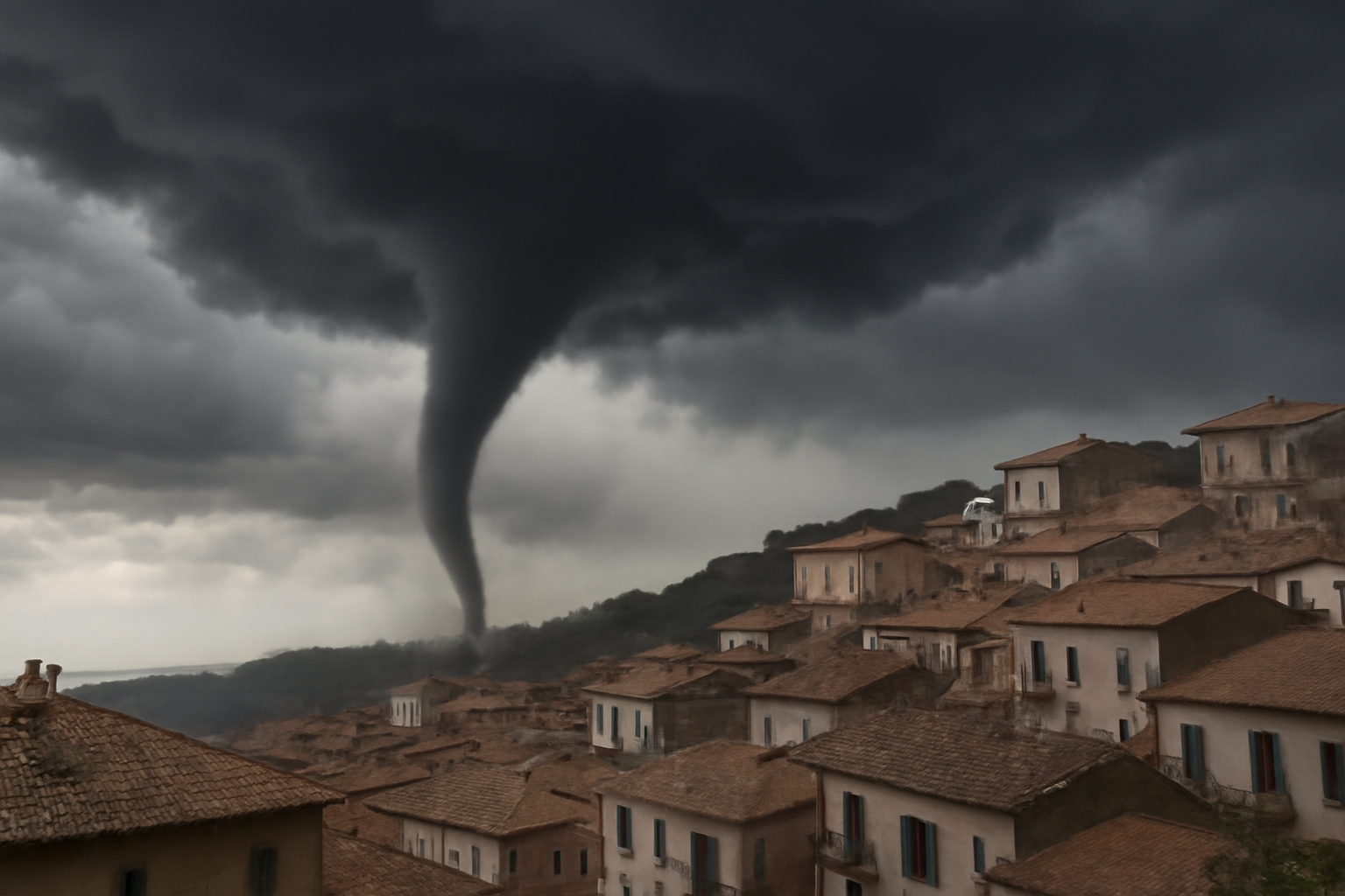 Dark storm clouds and a funnel cloud over a Sicilian hillside town