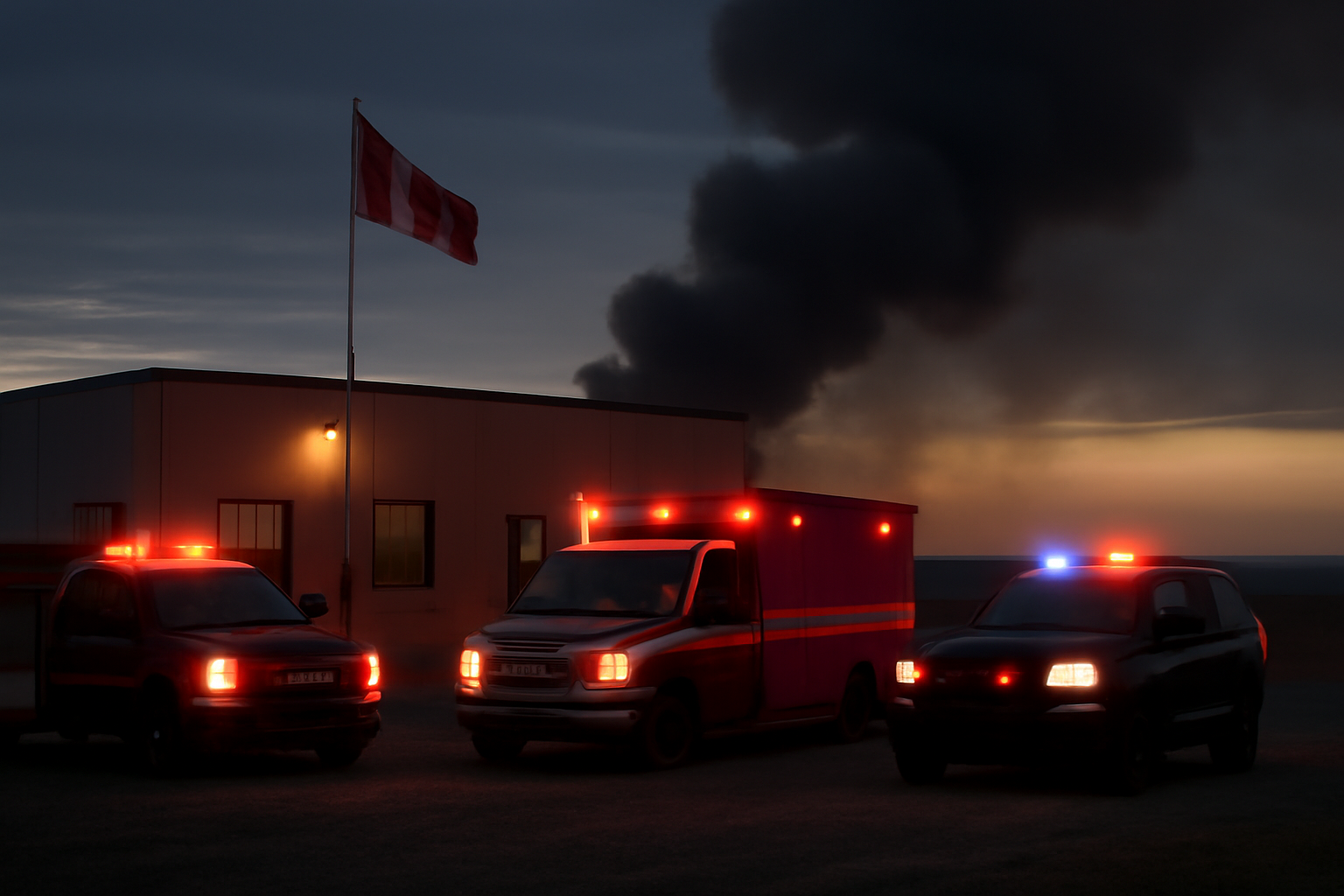 Emergency vehicles parked outside a Canadian military base in Alberta following a deadly fire