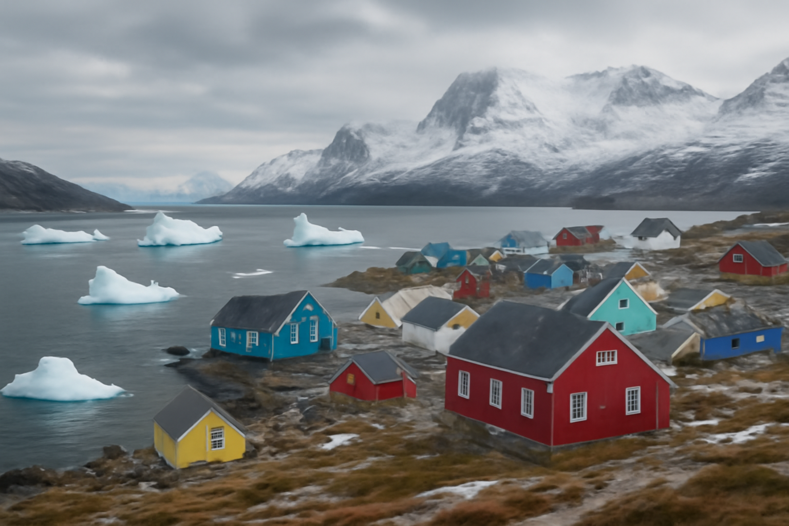 Coastal Greenland town with colorful houses framed by ice-covered mountains and fjord water