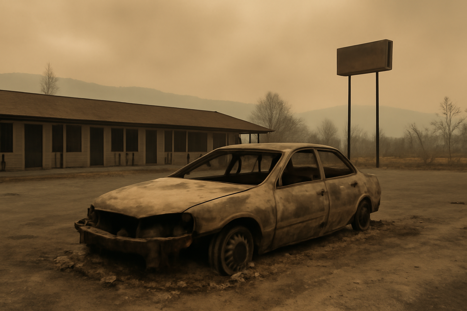 Burned vehicle in a motel parking lot after a wildfire in Gates, Oregon