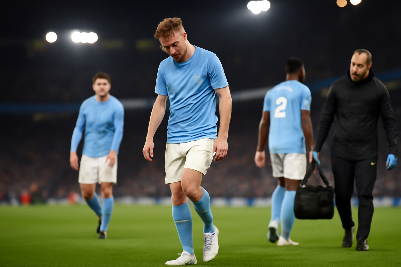 Manchester City forward walking off the pitch with a visible limp after a Premier League match