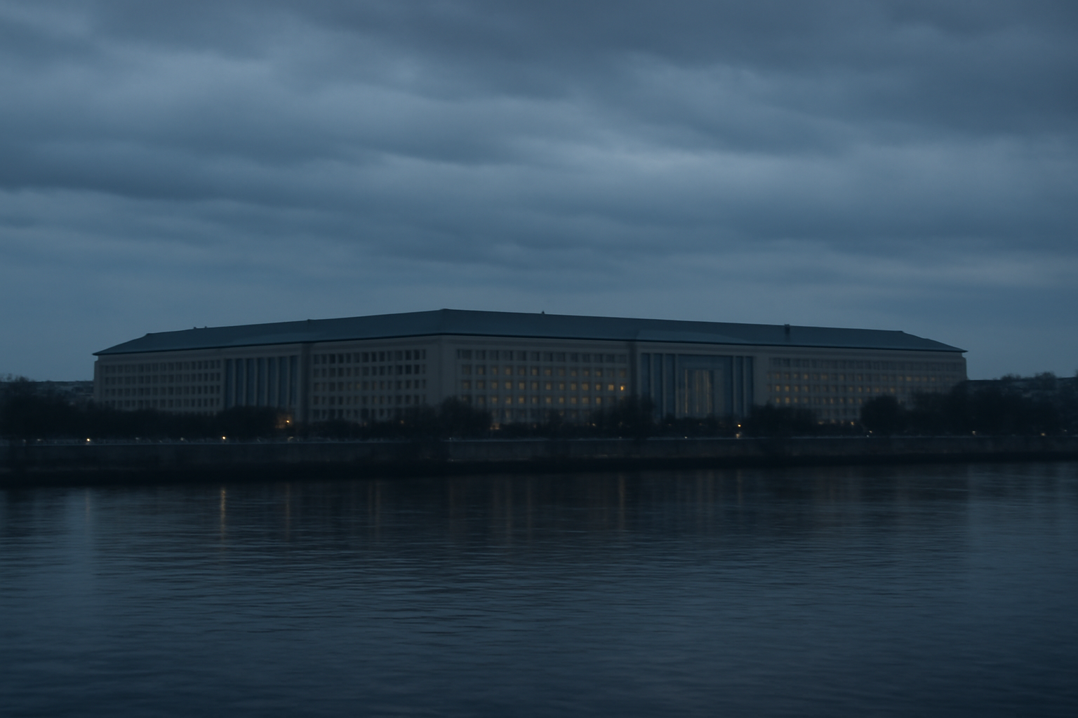 Pentagon building exterior viewed from across the Potomac River at dusk