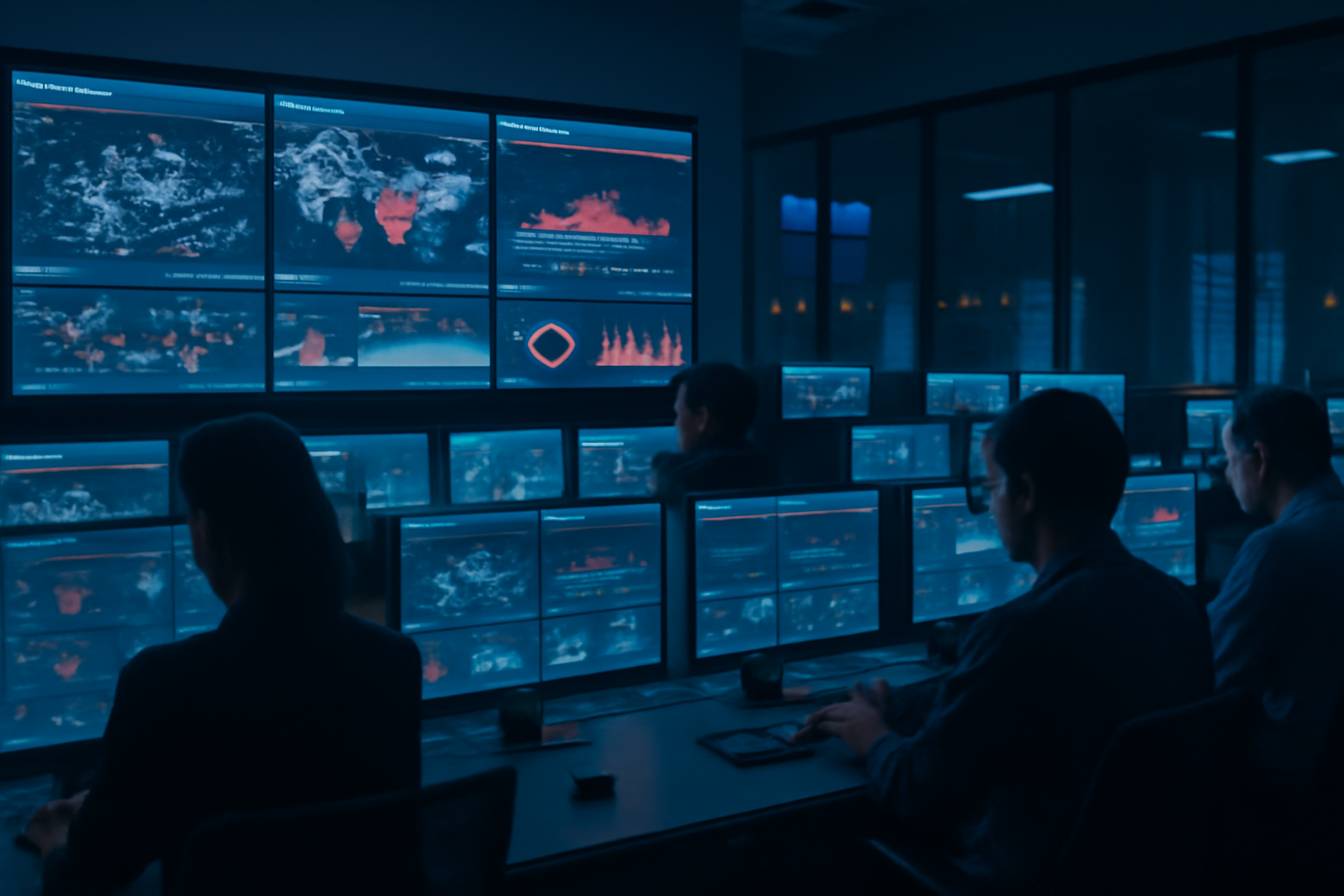 Bank control room with multiple monitors displaying network security alerts during a coordinated test exercise