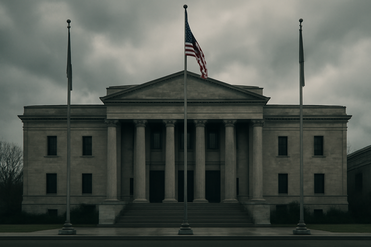 Exterior of a military courthouse building under overcast sky