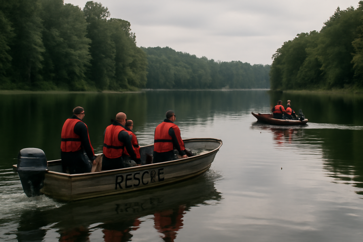 Emergency responders in boats searching a wide reservoir near a state park shoreline
