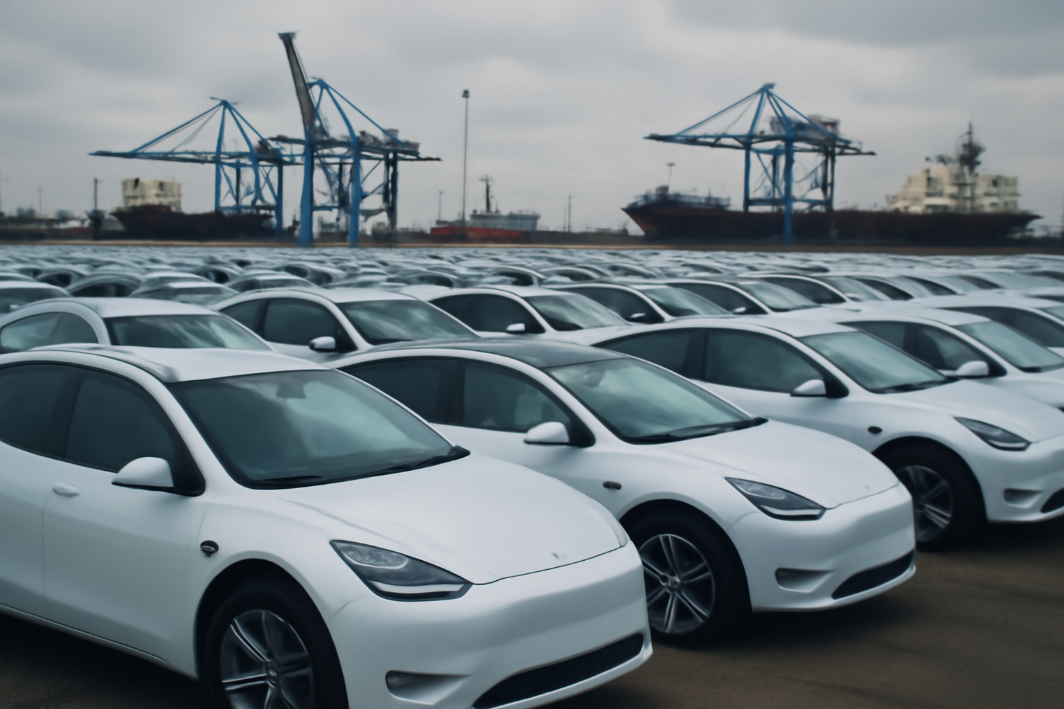 Electric vehicles lined up at a European port awaiting shipment inspection
