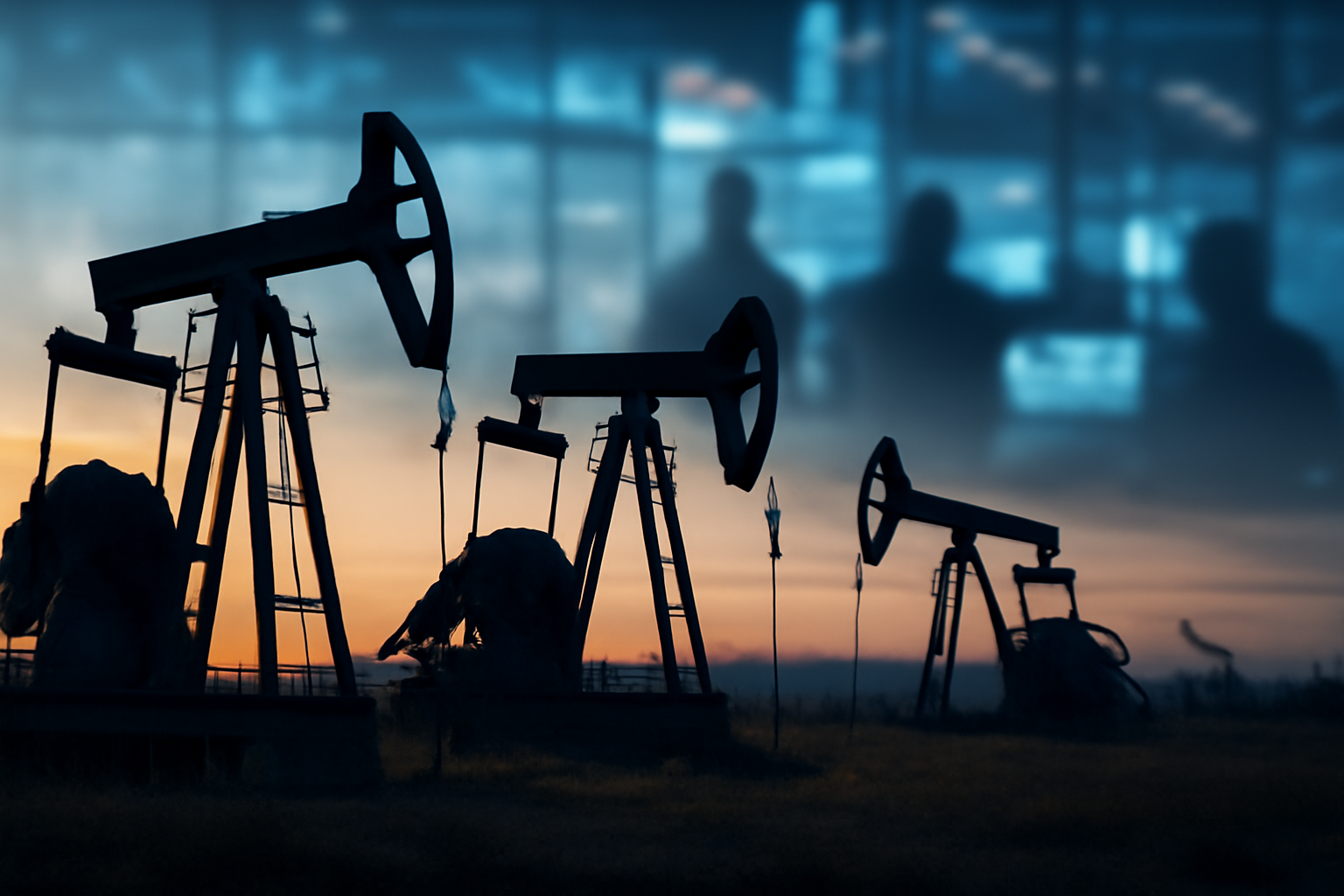 Oil pump jacks under a hazy sky with a European stock exchange ticker overlay suggesting falling crude prices