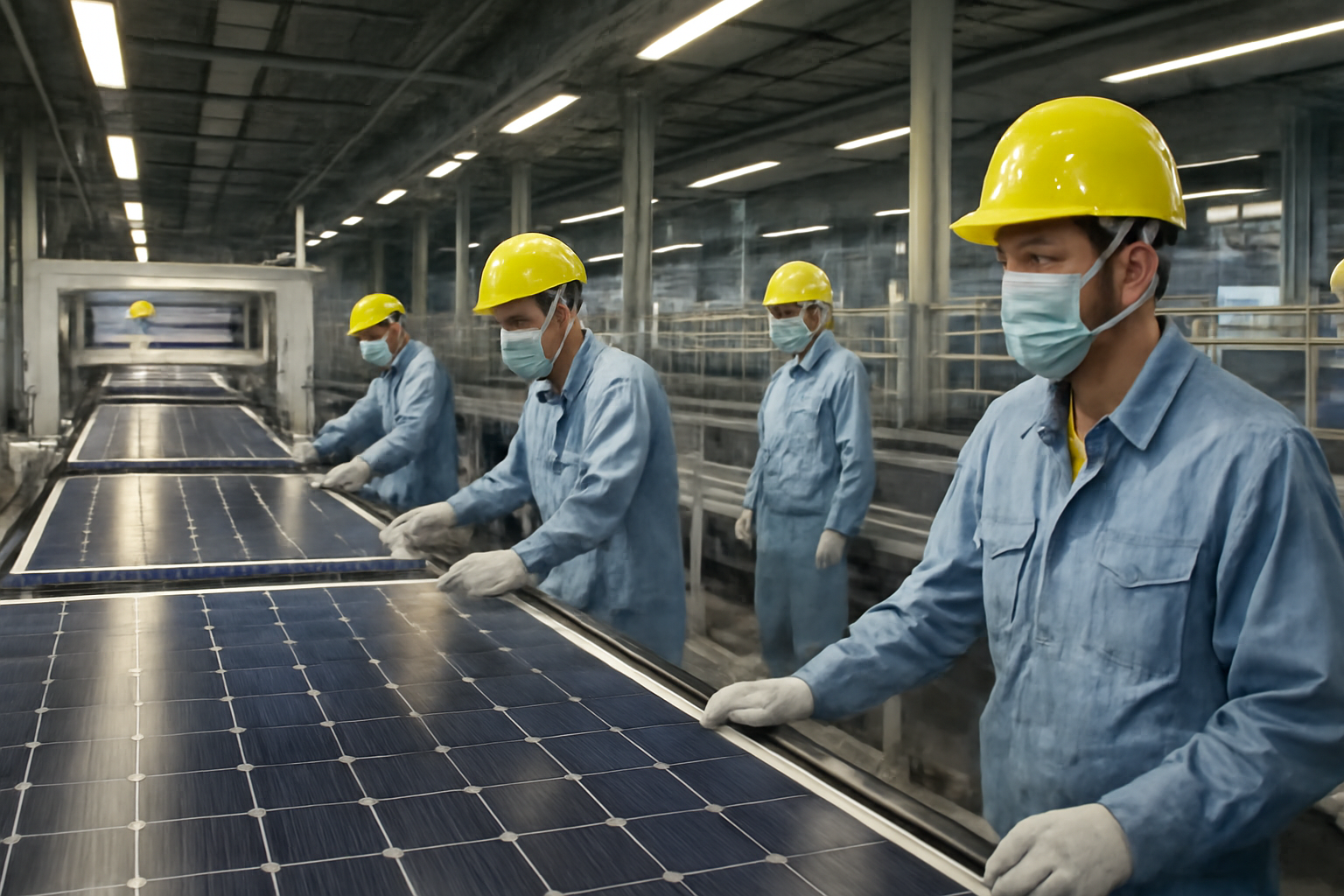 Workers assembling photovoltaic solar panels on an industrial factory production line