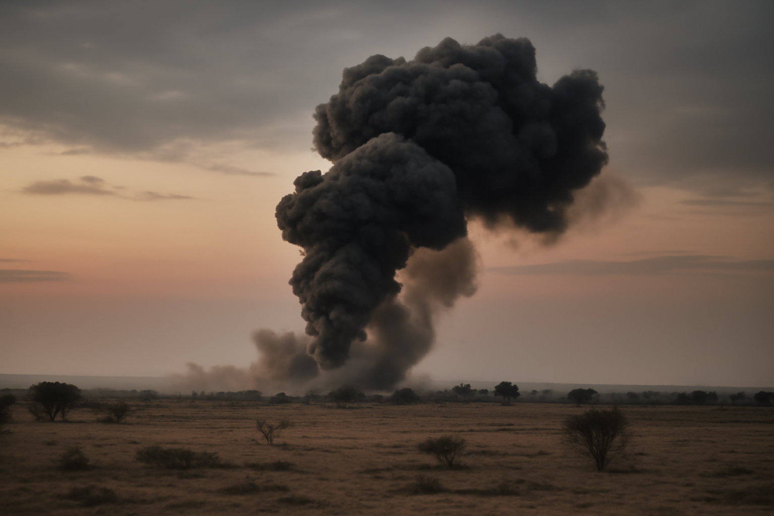 Smoke rising over a dry savanna landscape after a drone strike in Sudan