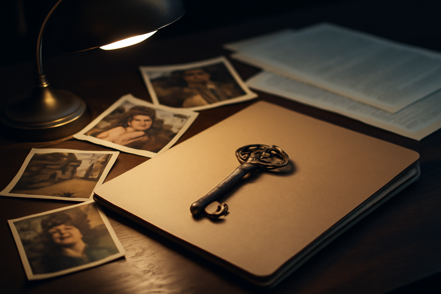 Evidence table with an old engraved brass key and case files under desk lamp light