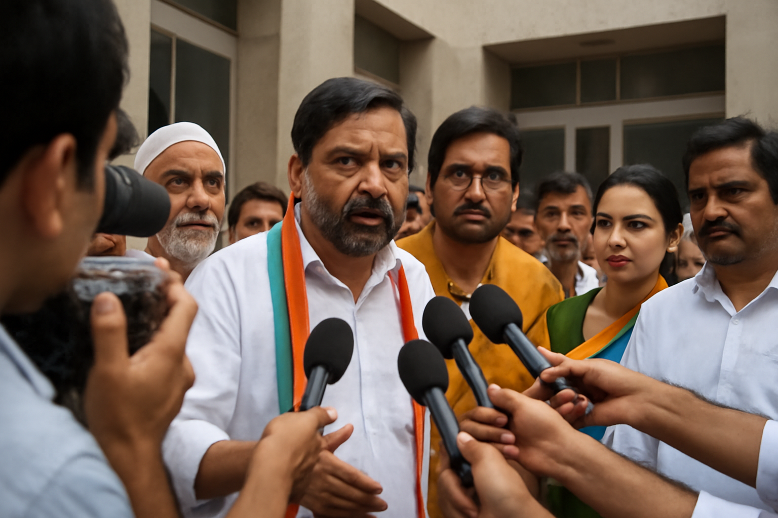 Indian political party leaders speaking to reporters outside a police facility