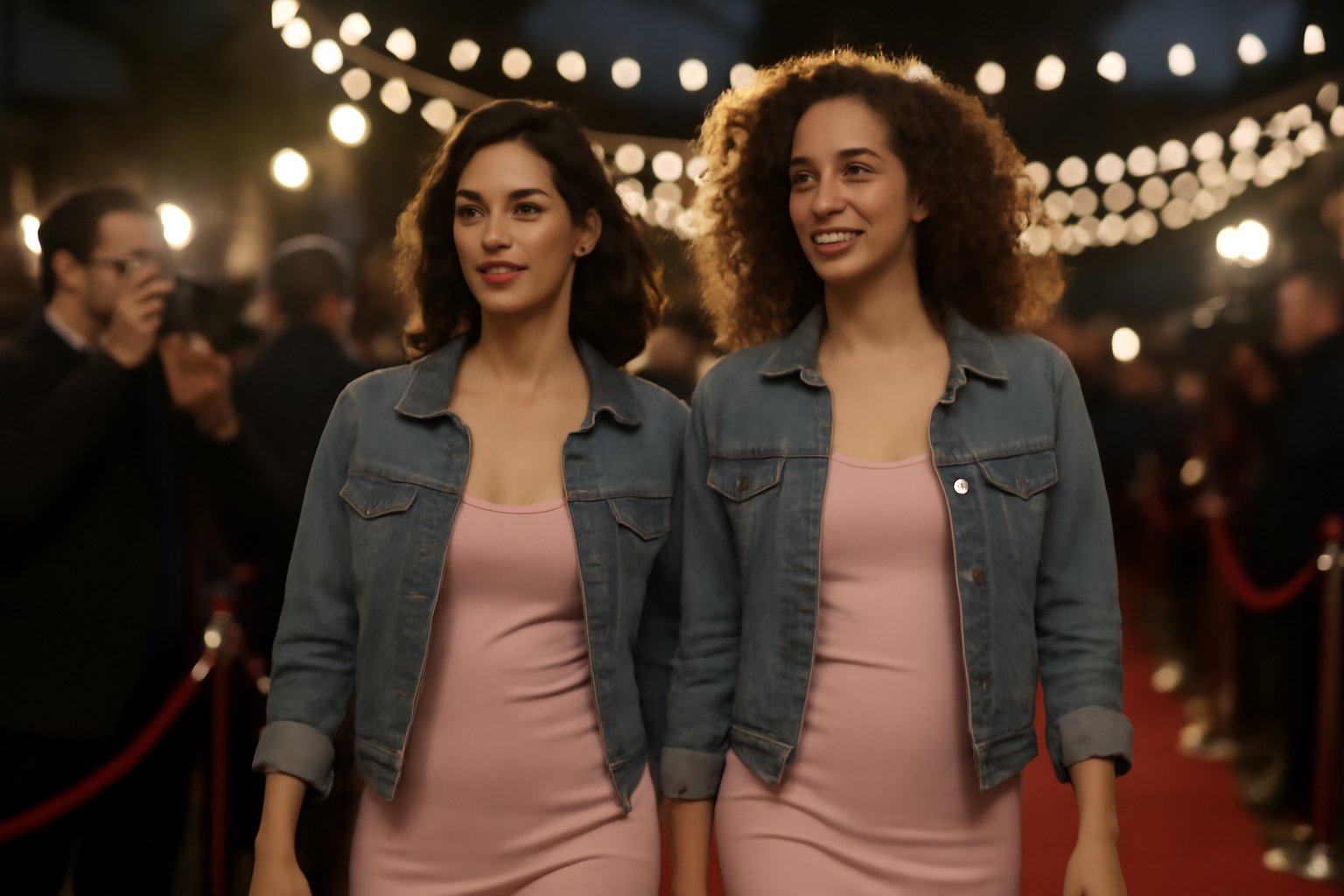 Two young women in matching pink dresses and denim jackets at a nighttime Hollywood party