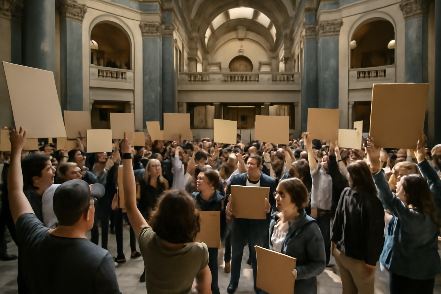 Protesters holding signs inside the Missouri state capitol rotunda in Jefferson City