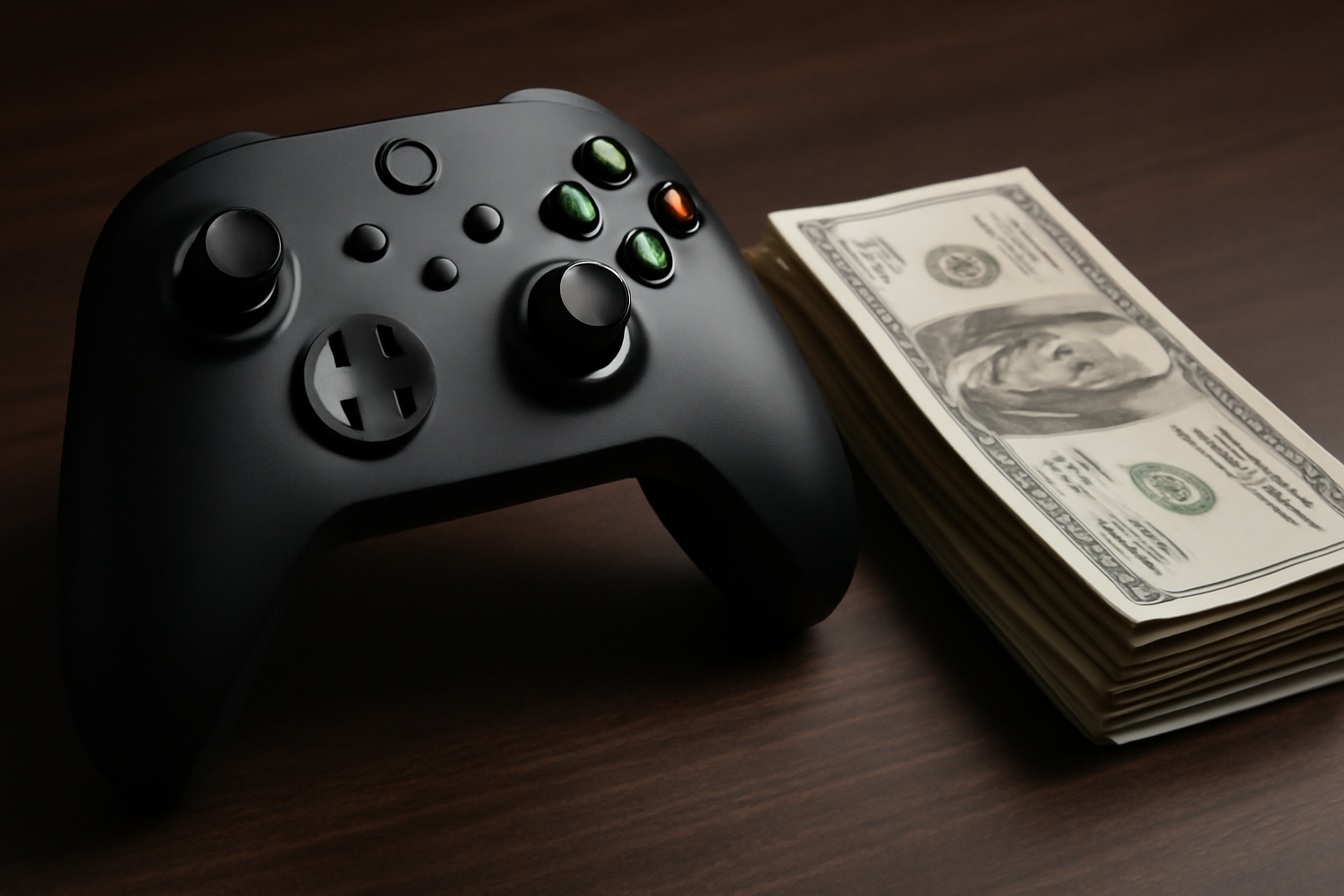 Xbox controller resting beside a stack of hundred dollar bills on a dark desk