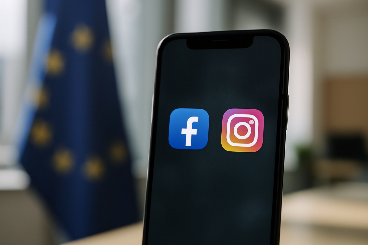 Facebook and Instagram app icons displayed on a smartphone screen with a European Union flag in the background