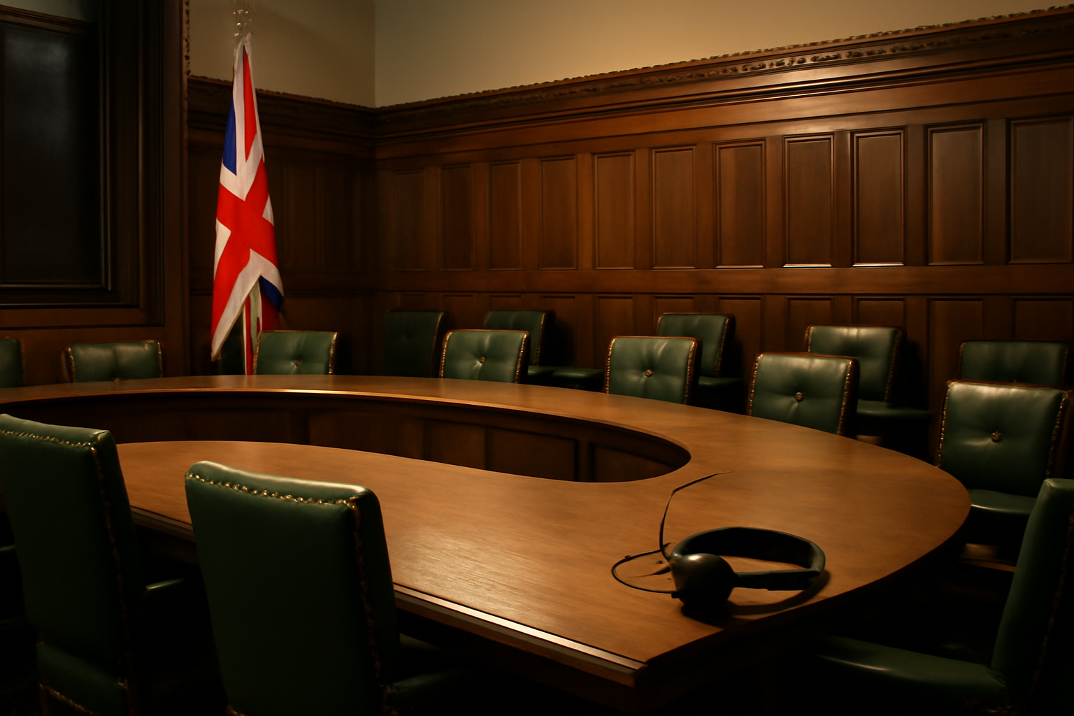 Empty wood-paneled committee room in the UK Parliament with a Union Jack and an unused translation headset on the table