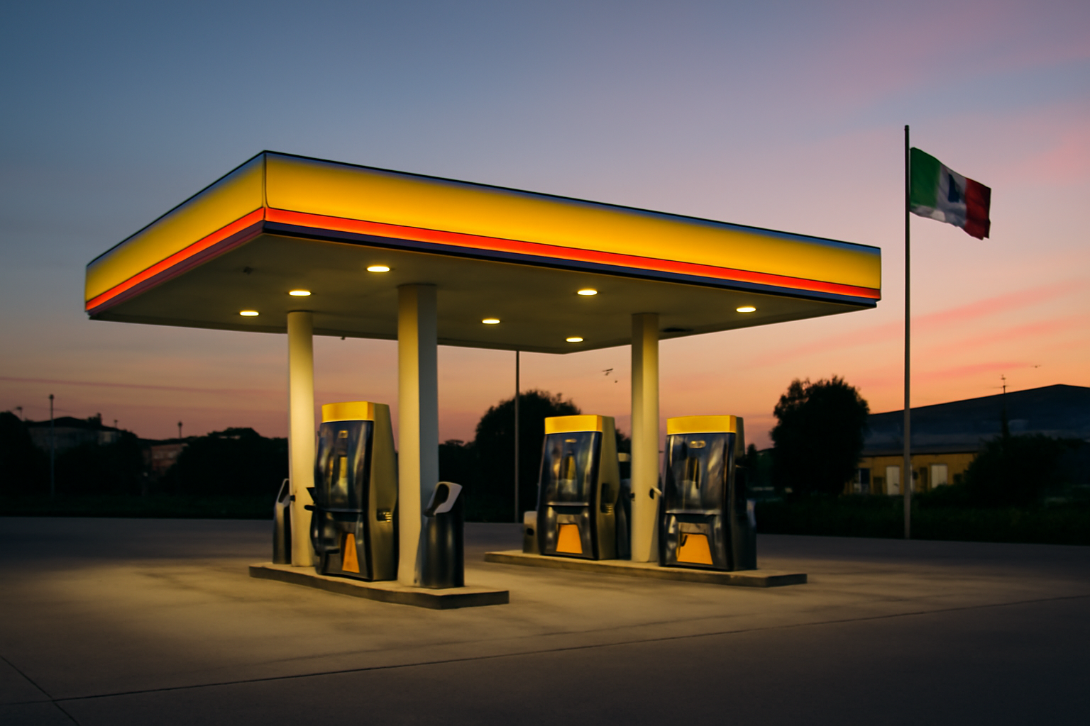 Fuel pumps at an Italian gas station with Socar branding visible under a cloudy sky
