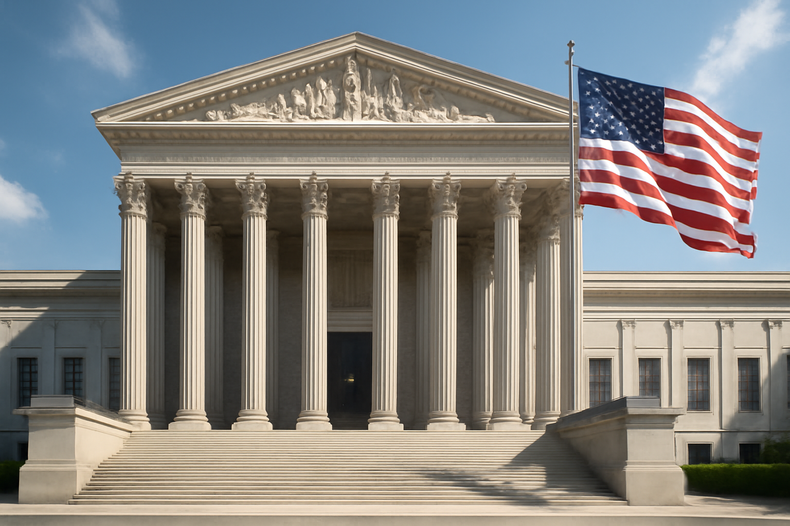 Exterior of a federal courthouse building under a clear sky