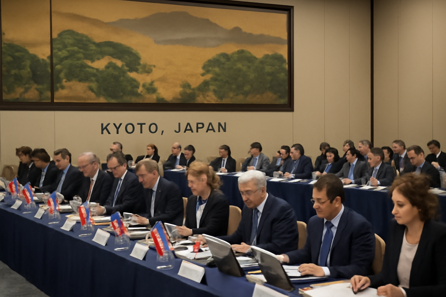 Diplomats and scientists seated at a conference table during an international science and technology forum in Kyoto