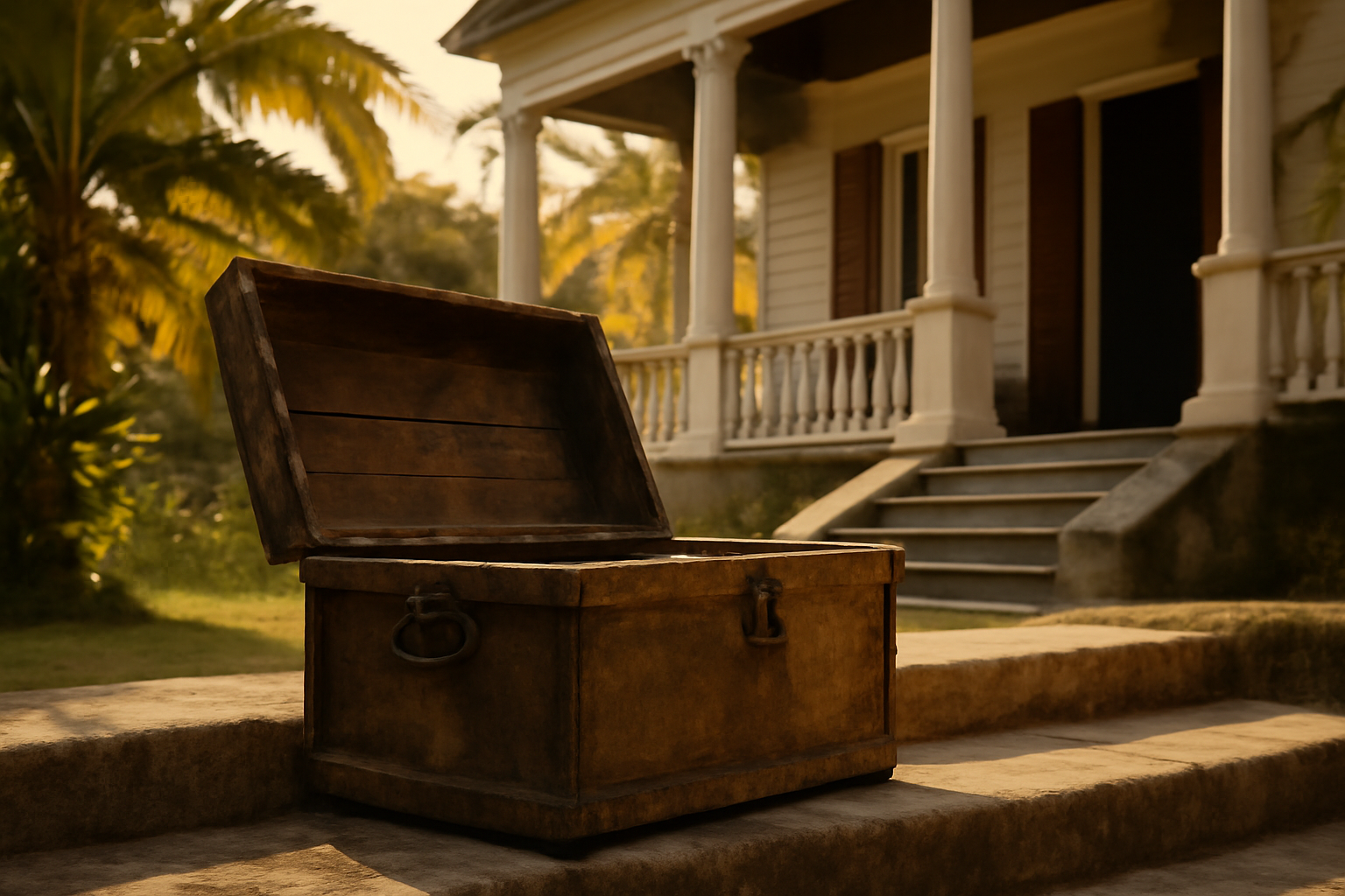 An old wooden box sits open on a sunlit former plantation estate in Jamaica