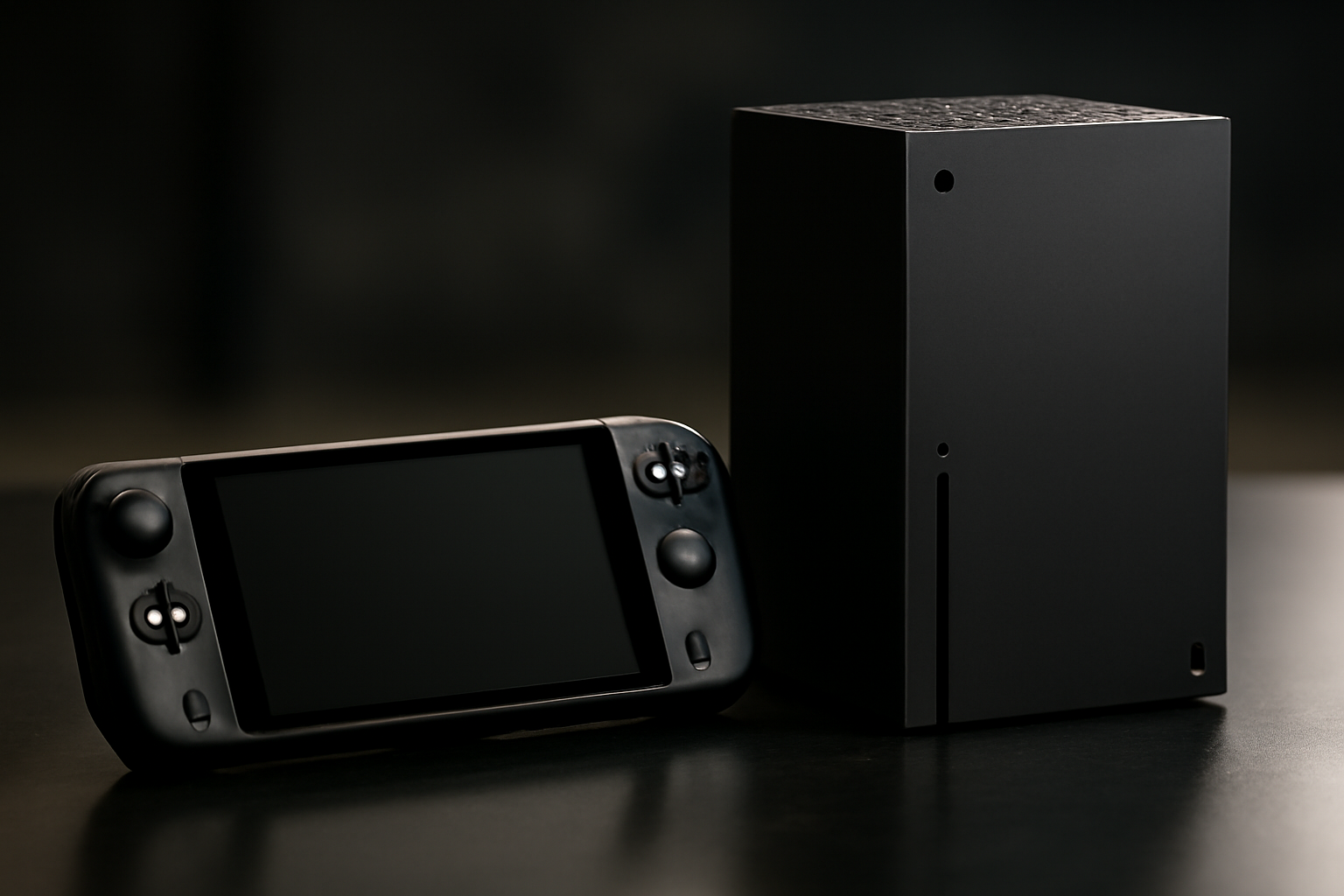 Xbox branded handheld gaming device resting beside a next-generation game console prototype on a dark studio table