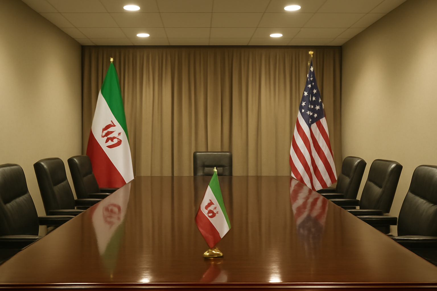 Empty diplomatic conference table with Iranian and American flags at opposite ends