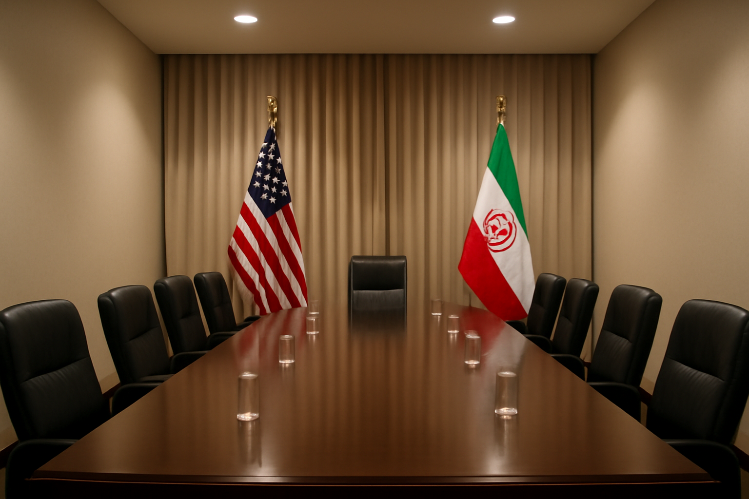 Empty conference table with American and Iranian flags before a diplomatic meeting