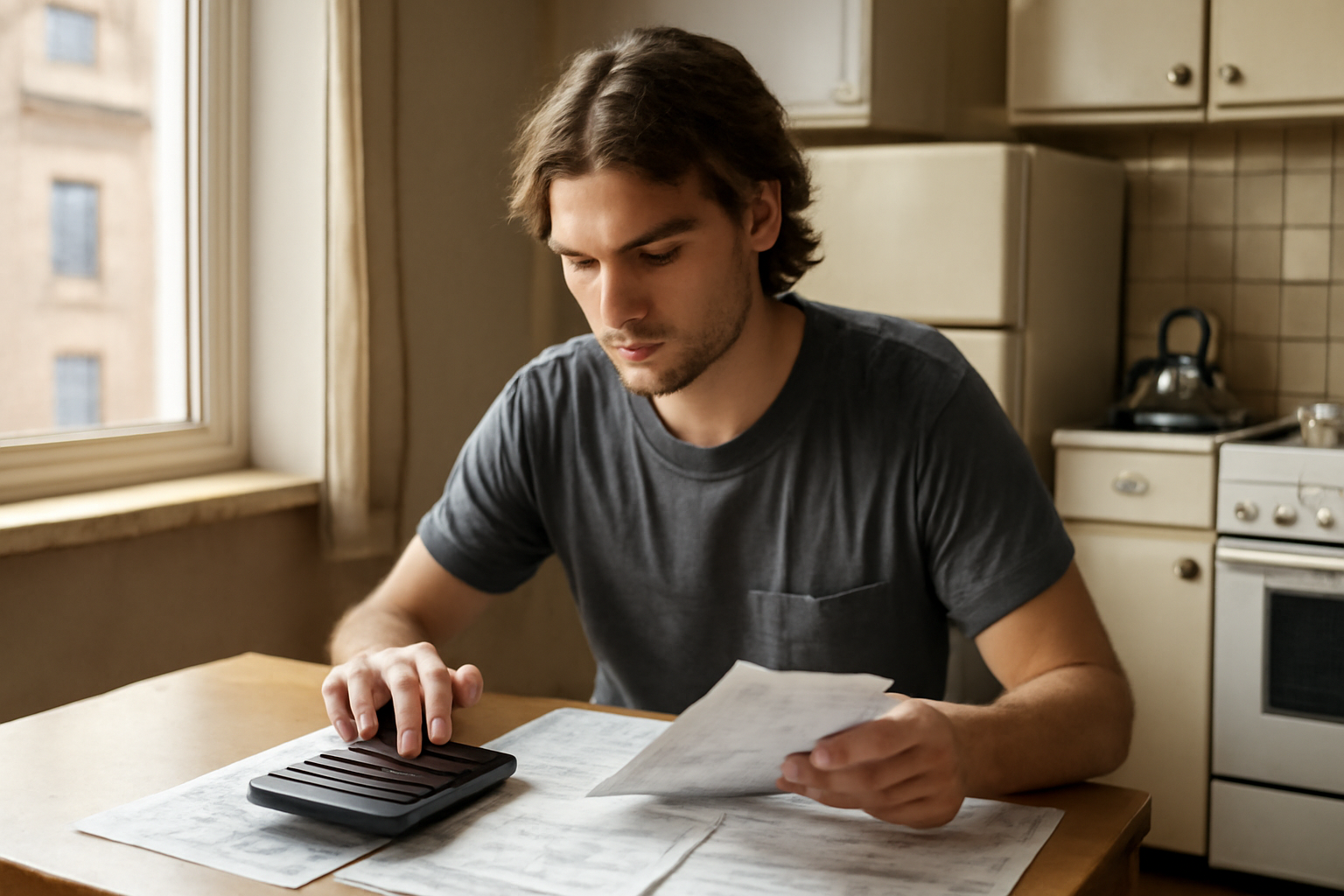 A young renter reviews housing cost documents and a calculator at a kitchen table
