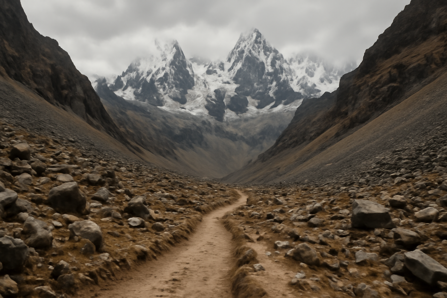 Rugged snow-capped Andes mountain range with a narrow hiking trail winding through a remote valley