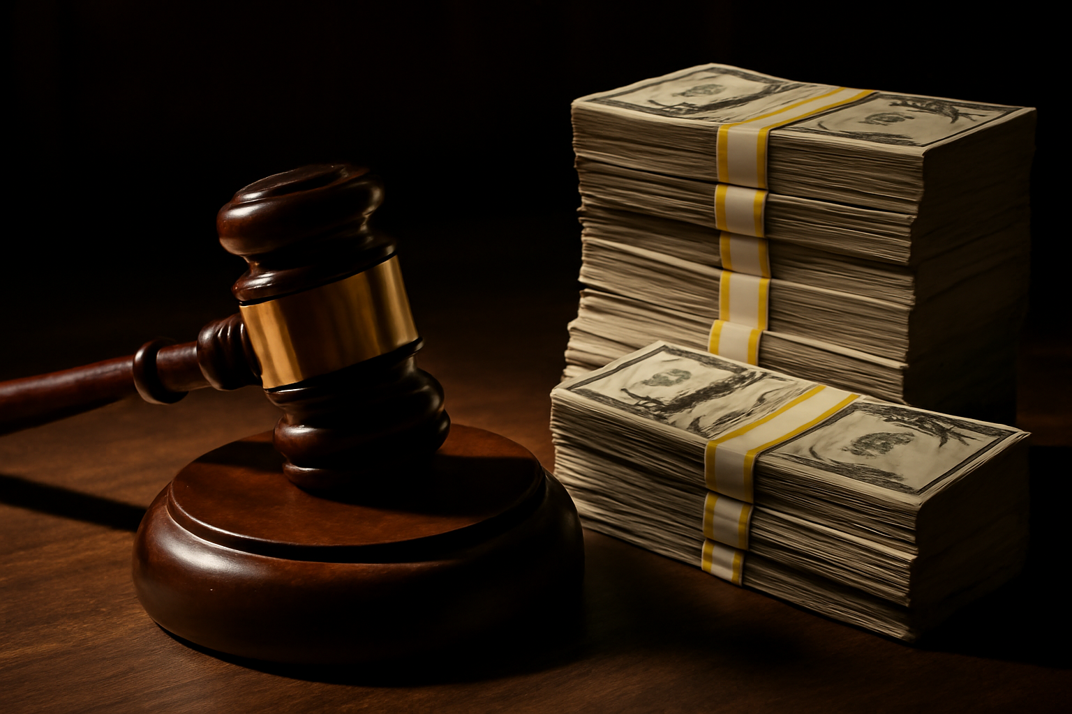 Courtroom gavel beside stacked currency symbolizing billions in corporate penalties