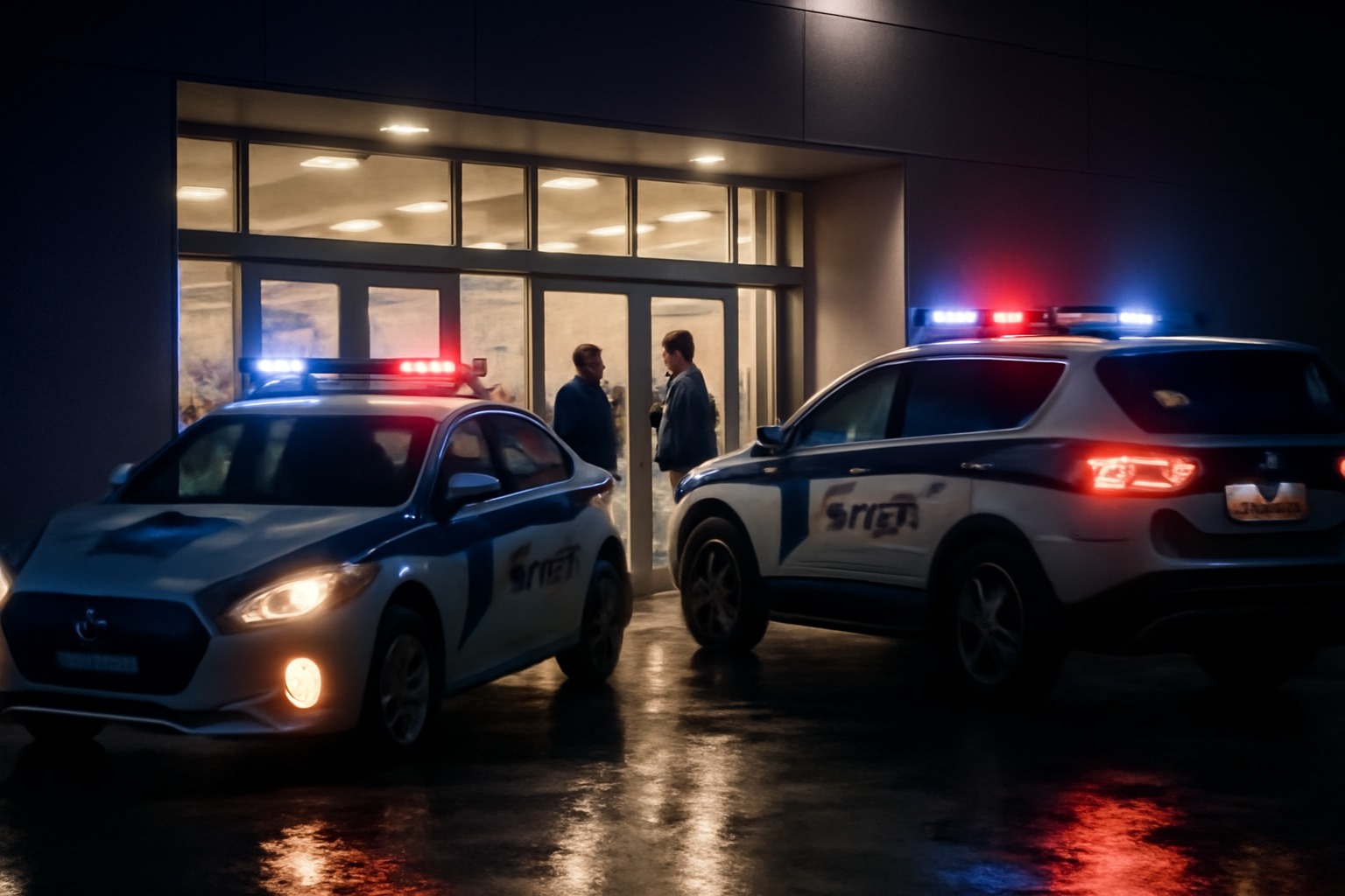 Police vehicles parked outside a Home Plus retail store entrance in Incheon, South Korea, at night
