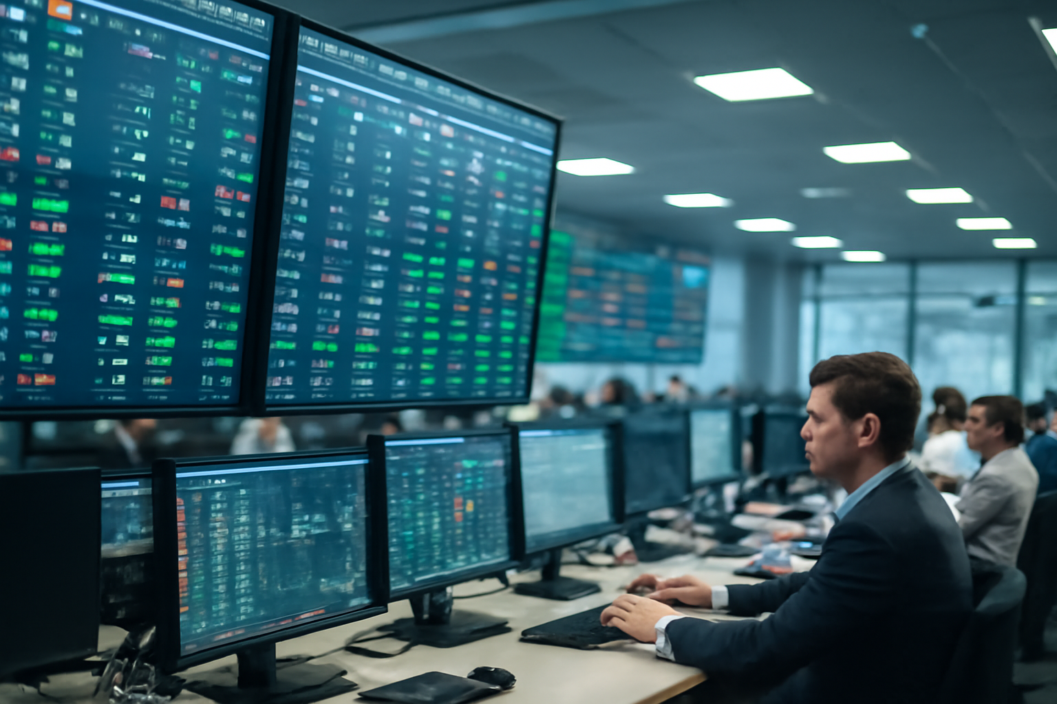 Digital stock ticker board displaying scrolling company share price data on a trading floor