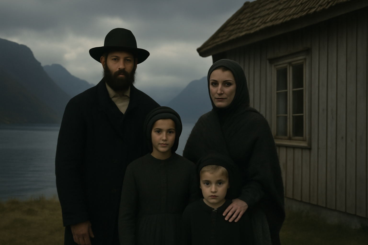 A bald, bespectacled actor and a woman stand with children outside a wooden house near a Norwegian fjord
