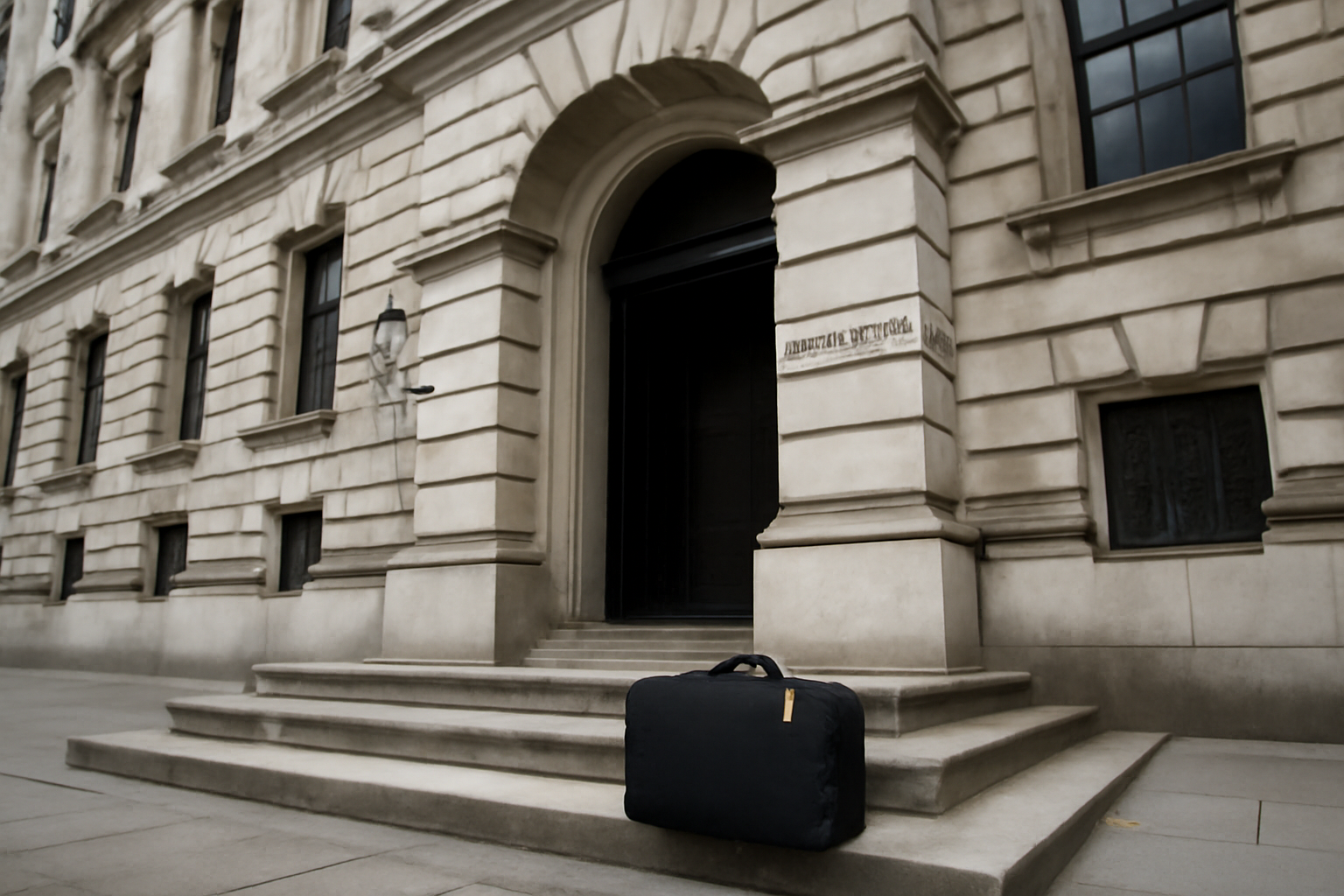 Exterior view of HM Treasury building in Whitehall, London, with a locked document courier case in the foreground