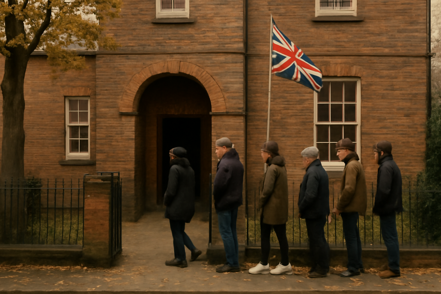 A polling station entrance in central London with a queue of voters on an overcast October morning.