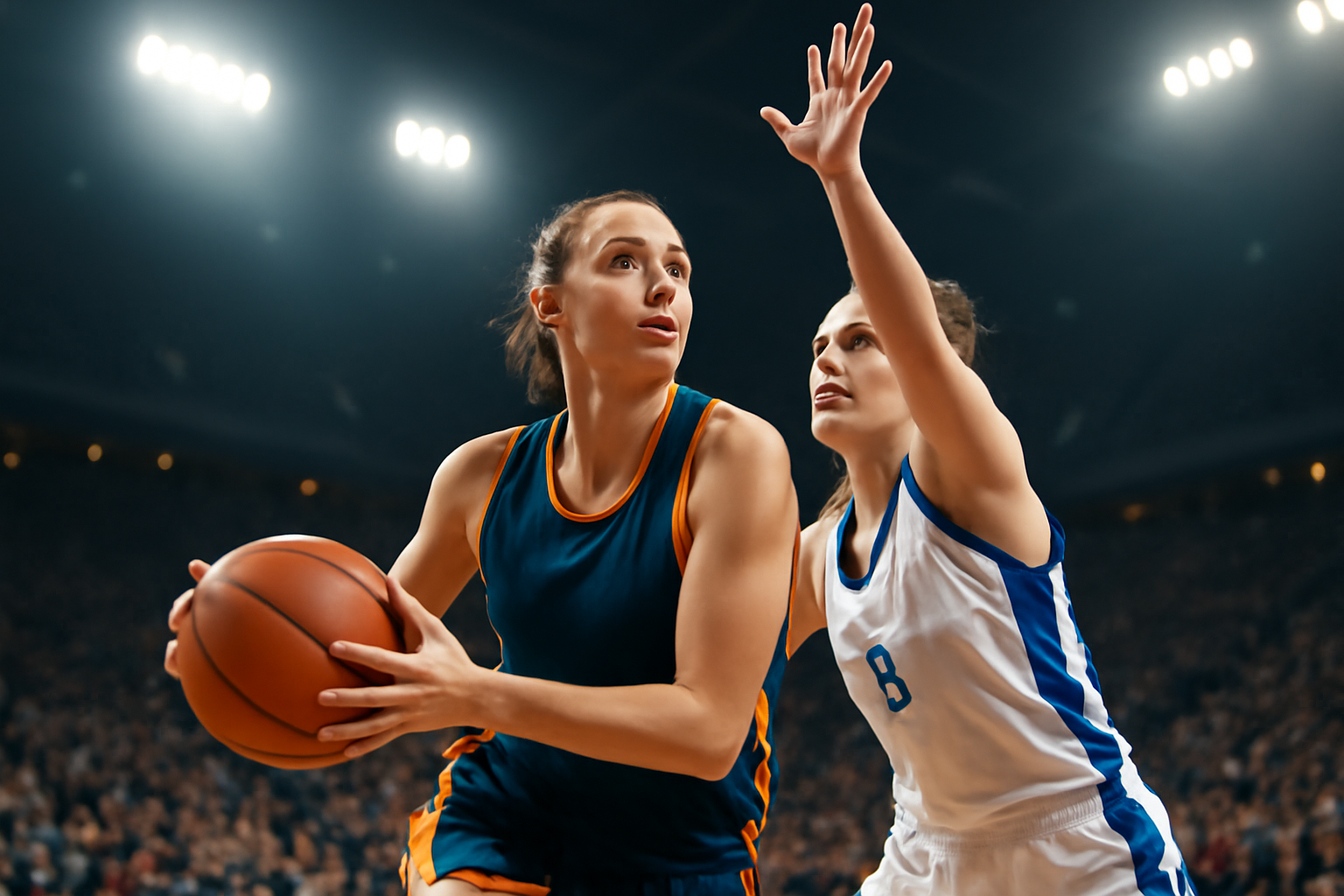 A Golden State Valkyries player drives to the basket during a playoff game against the Dallas Wings