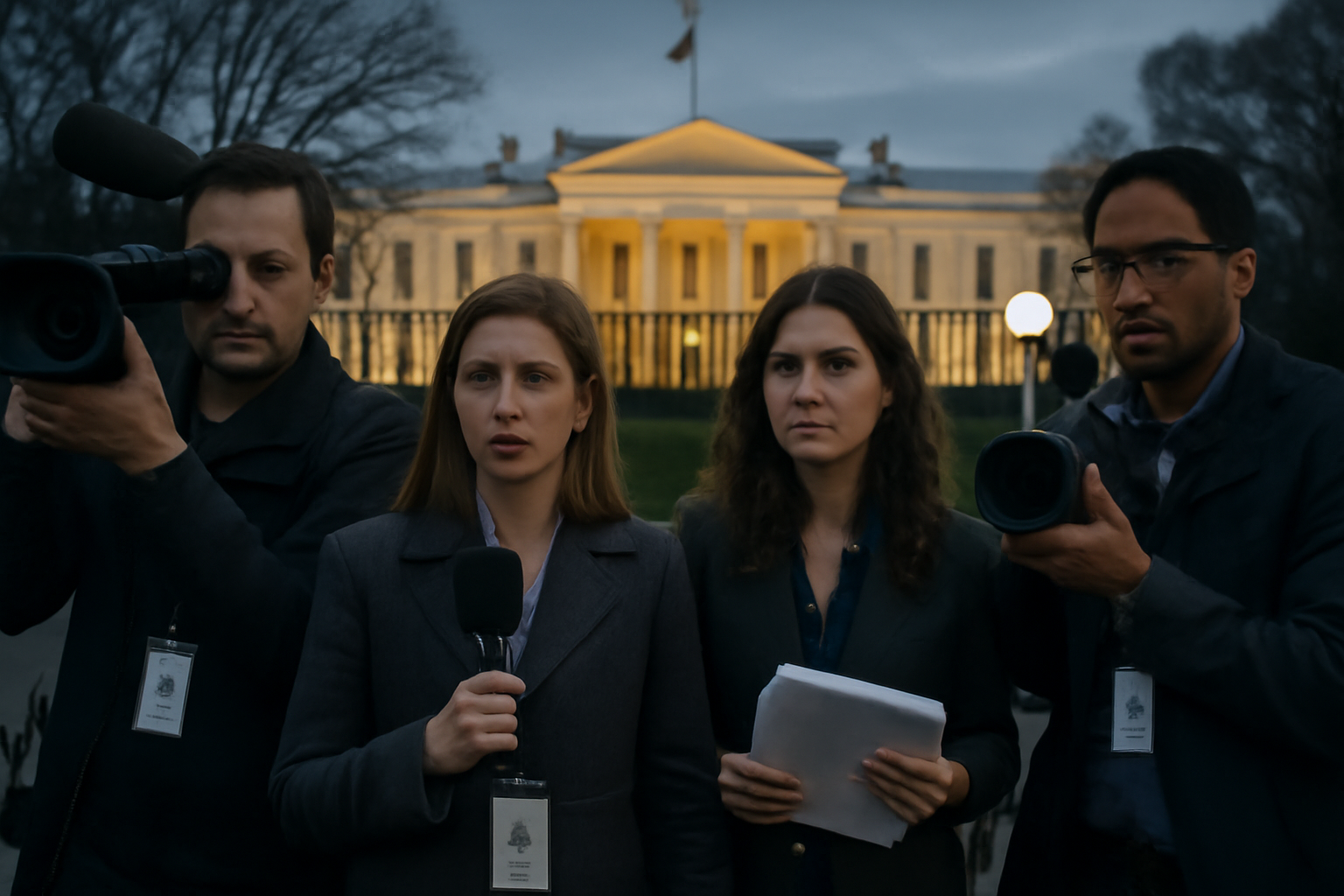 Reporters and camera crews gathered outside the White House press entrance