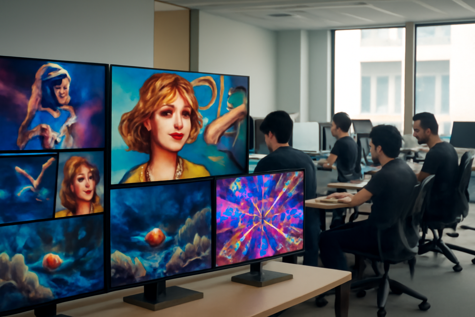 Rows of video-editing monitors displaying AI-generated footage in a Chinese tech company office