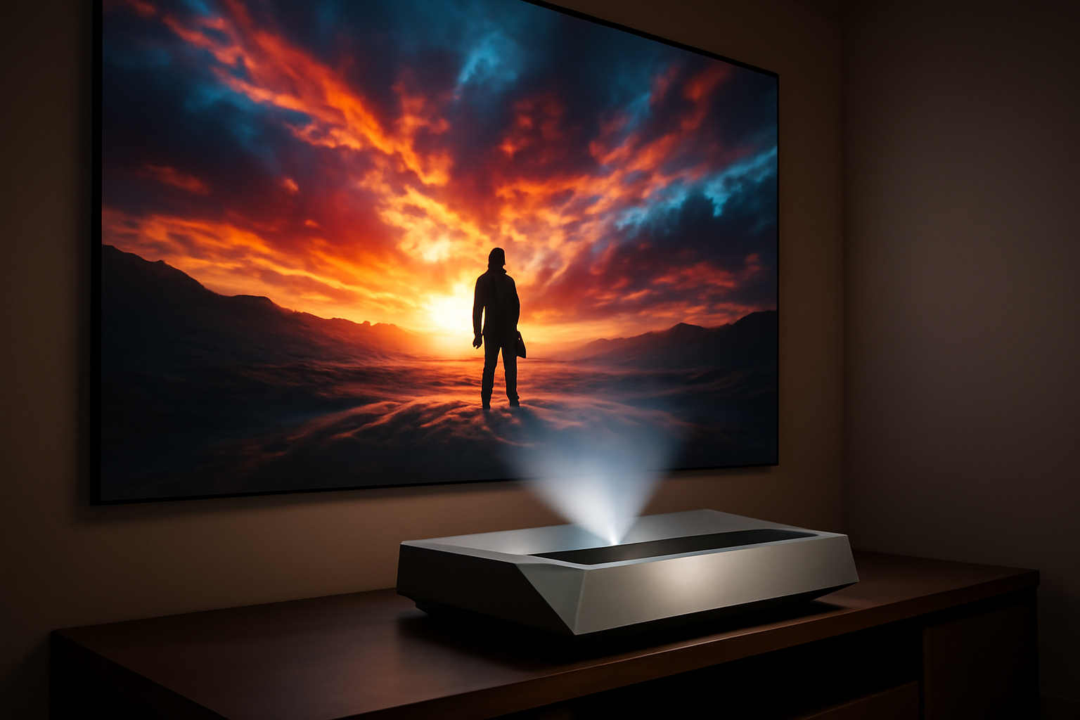 Silver ultrashort-throw laser projector sitting beneath a large wall-mounted projection screen in a dim home theater room