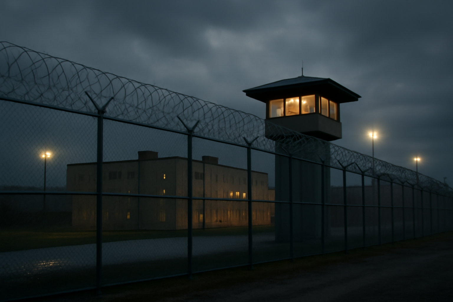Exterior view of a state correctional facility under overcast sky
