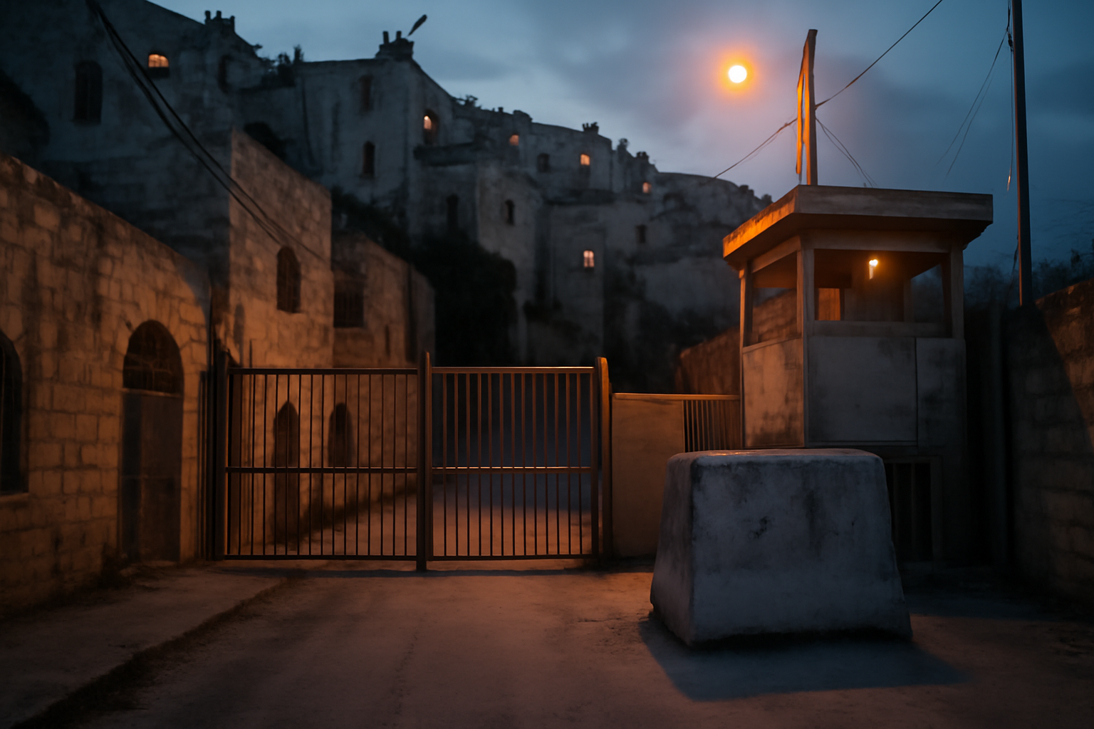 A man climbs across rooftops in a dense West Bank neighborhood to reach a sealed-off street