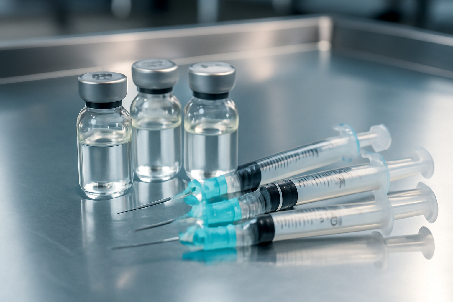 Rows of small glass vials and syringes for injectable peptide compounds on a pharmacy counter