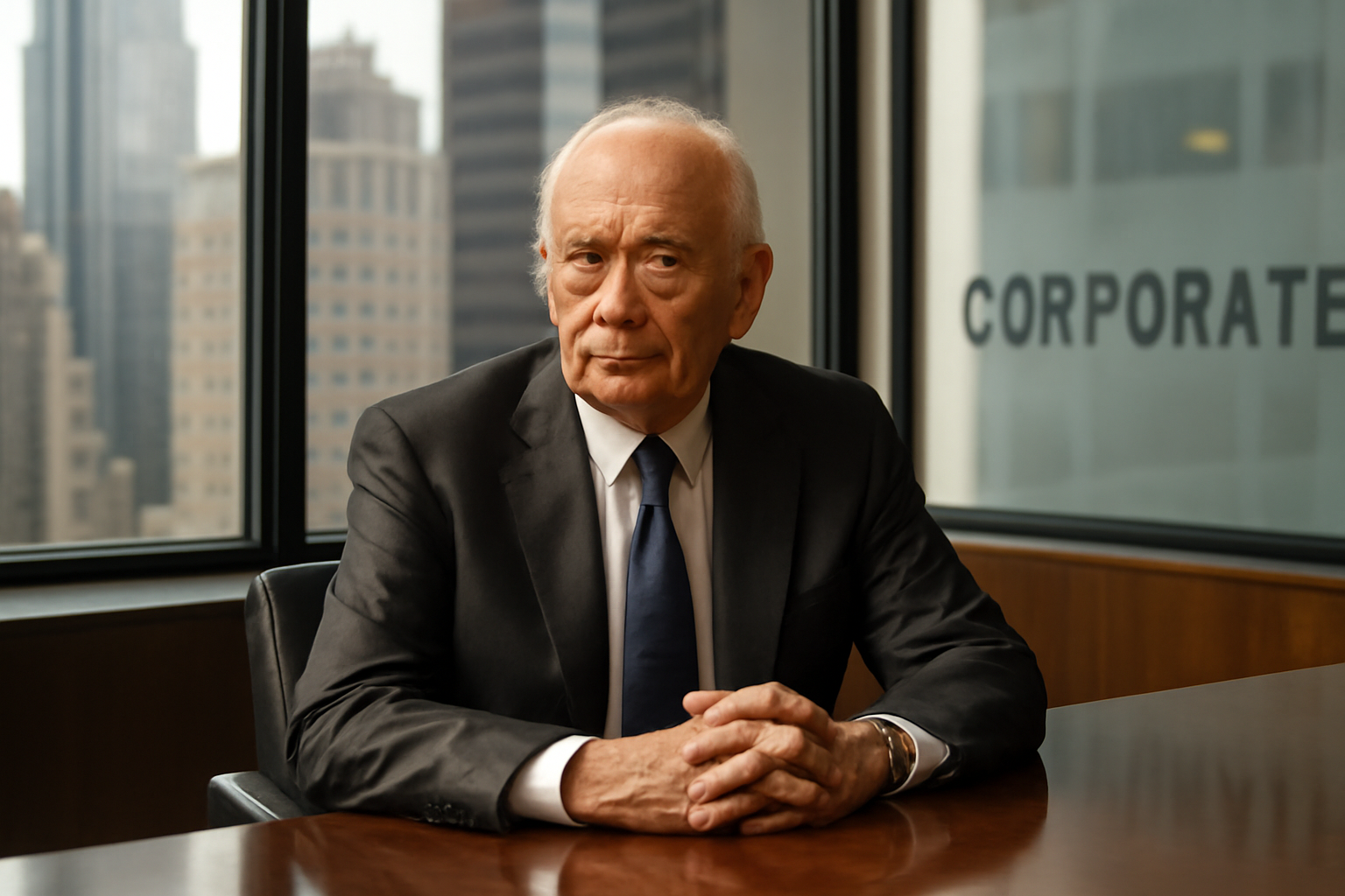 An elderly business executive seated at a boardroom table beneath a Berkshire Hathaway company sign