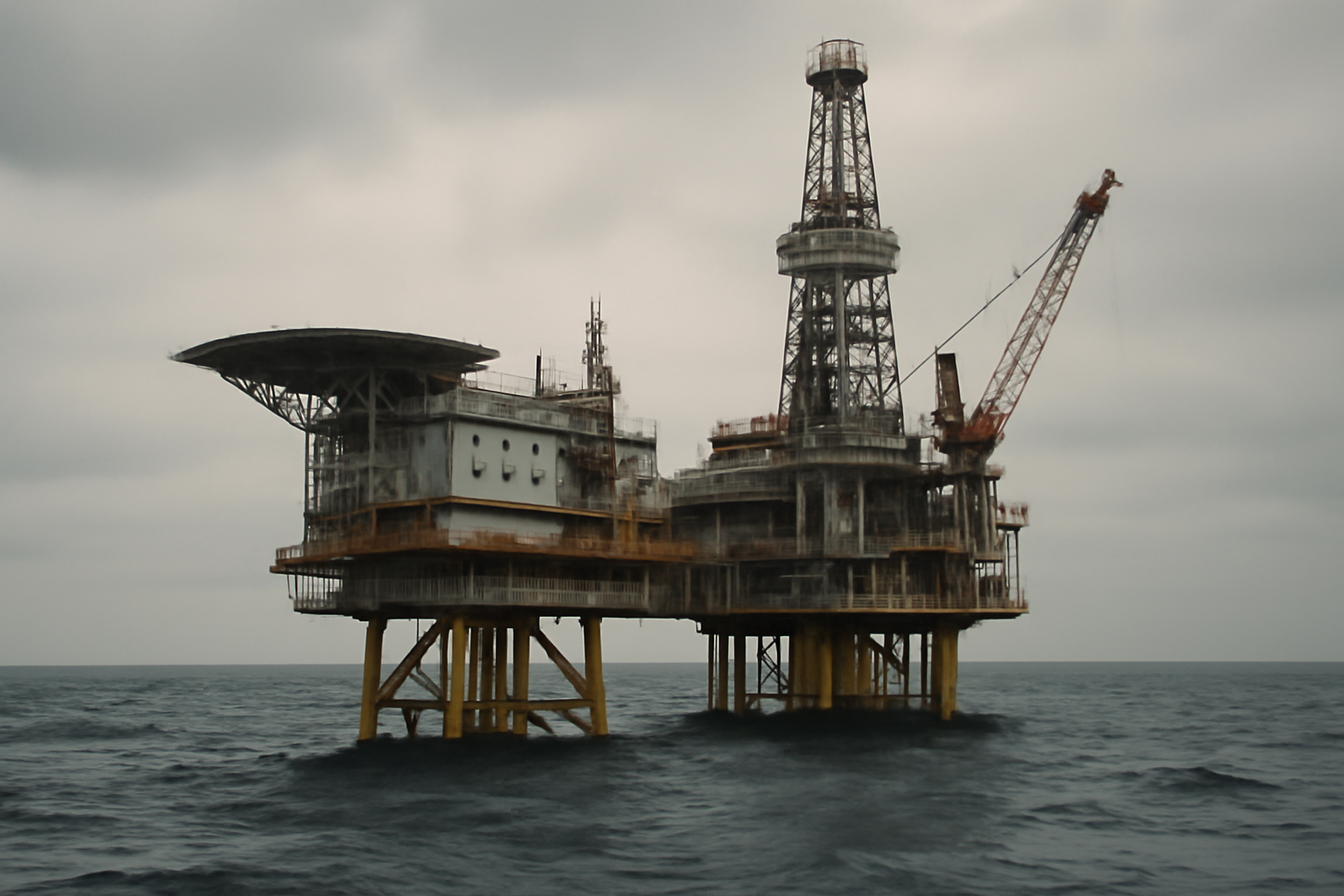 North Sea gas platform and drilling rig at sea with cloudy sky